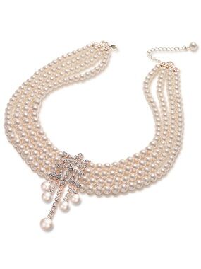 Multi-Strand Pearl Choker Necklace with Crystal Pendant - Ivory